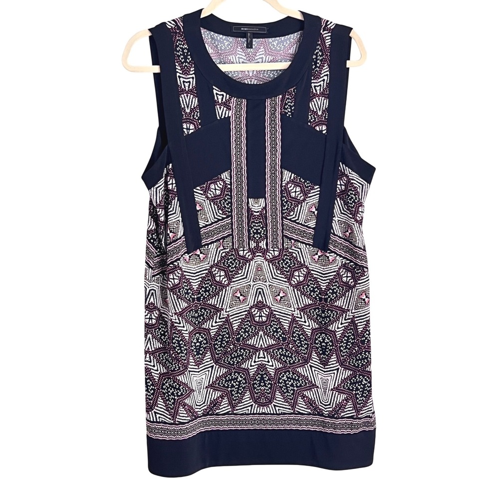 BCBG MAXAZRIA Shift Dress L Womens Geometric Print Sleeveless Black Boho Chic